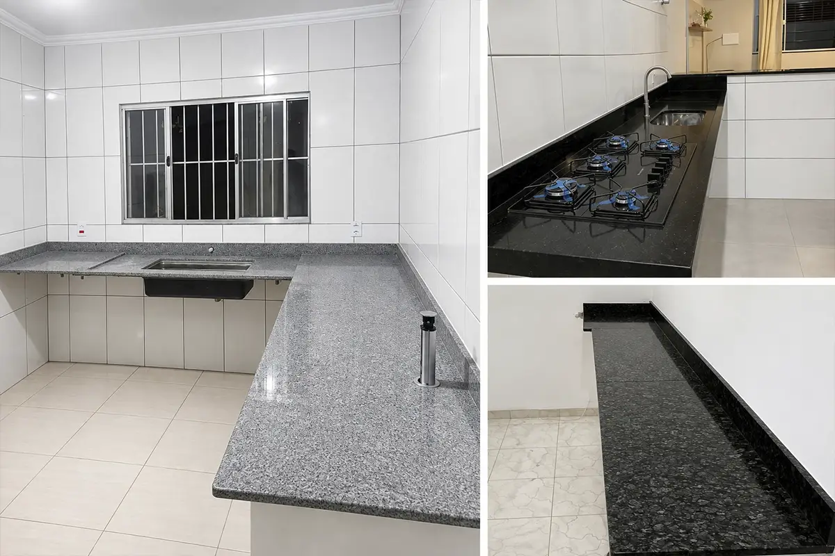 Cozinha com bancada em U de granito cinza e bancada de granito preto com recorte para cooktop e cuba. NPA Mármores em Paulínia/SP